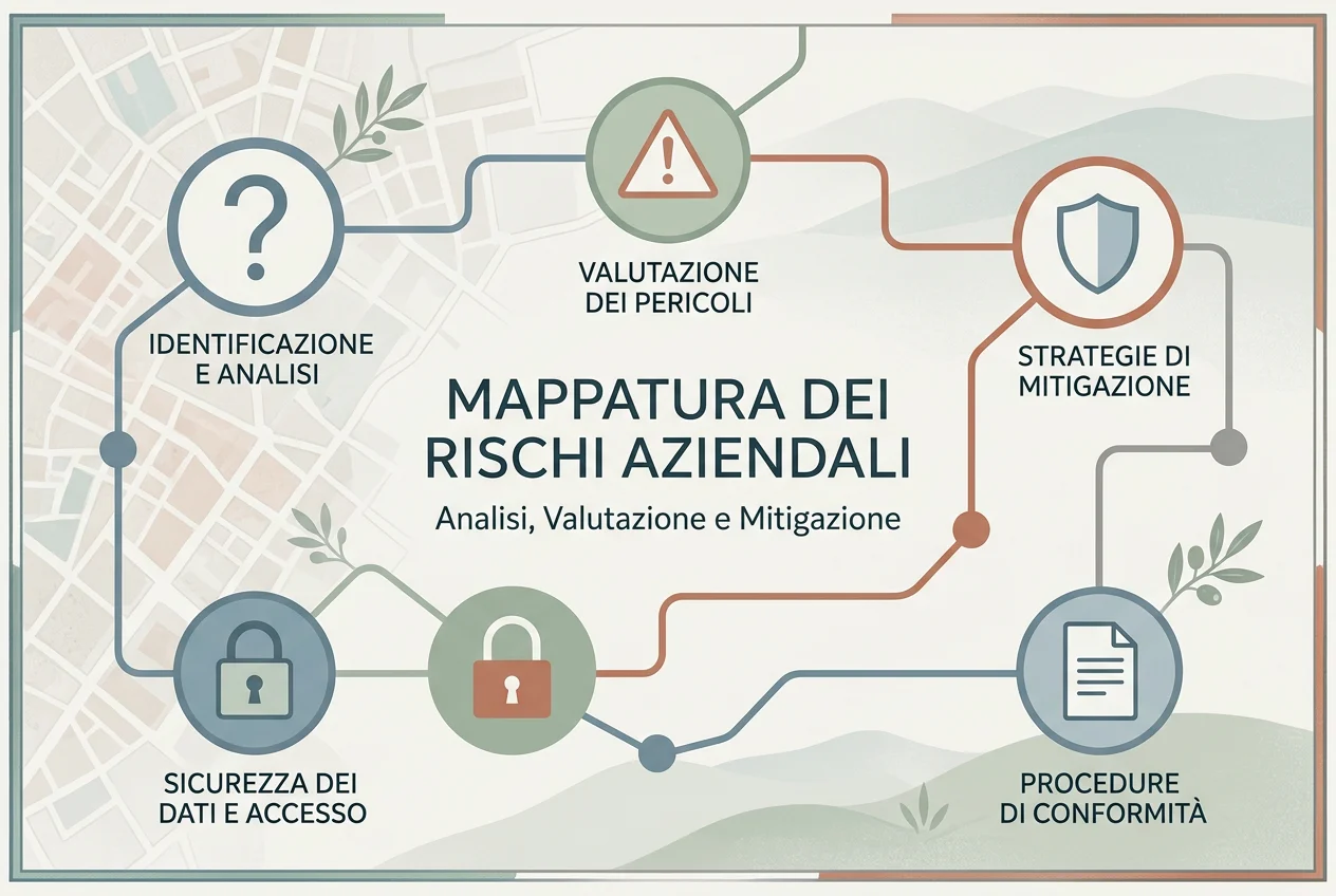 Mappa dei segnali di rischio con lucchetto, documenti e avviso di attenzione